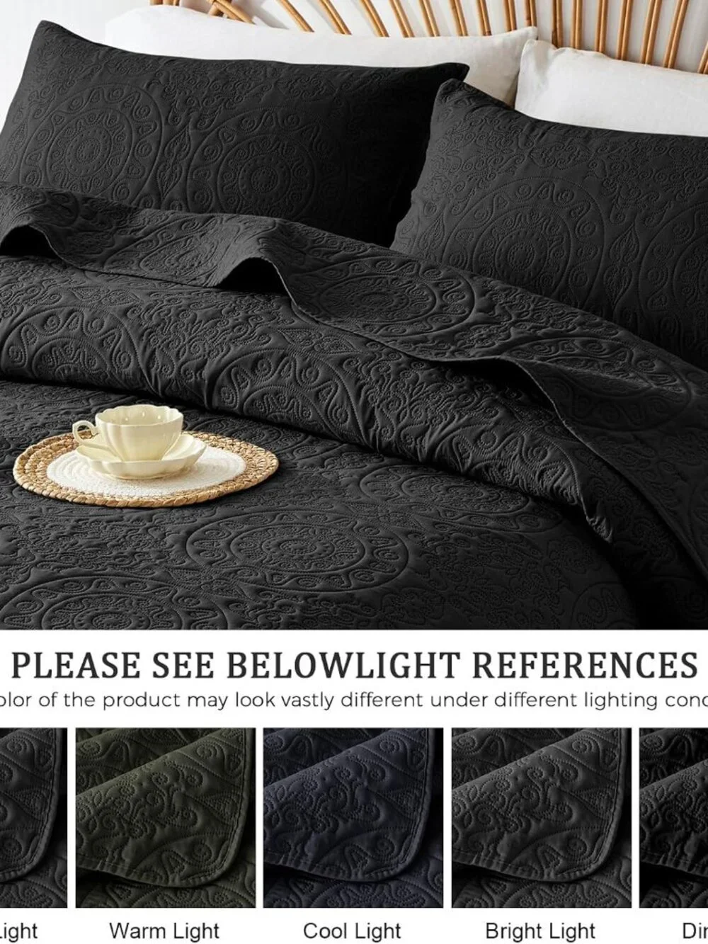 Black Embossed Reversible Lightweight 3-Piece Quilt Set